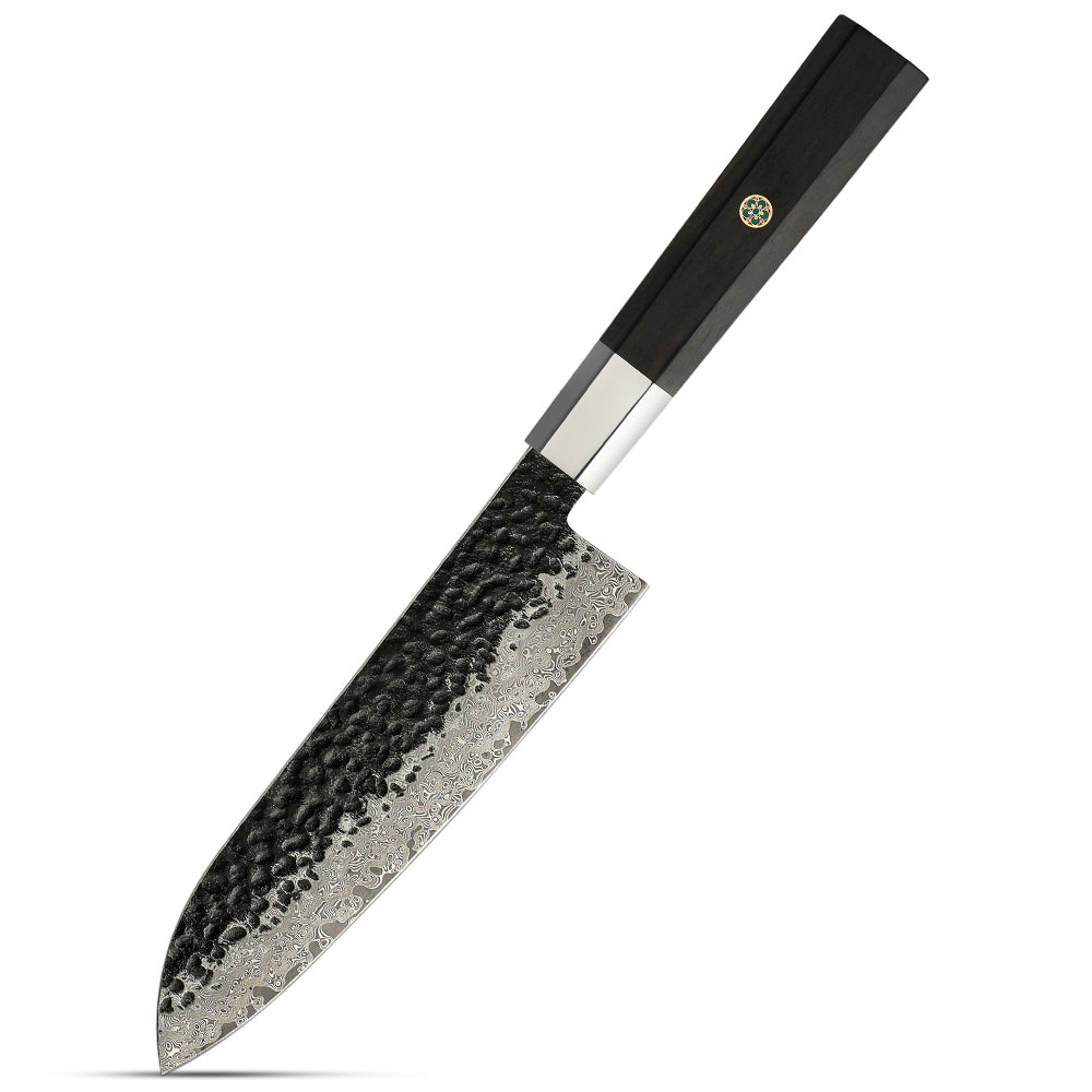 Santoku VG-10 Kurouchi Hammered Damascus Ebony Handle 18cm