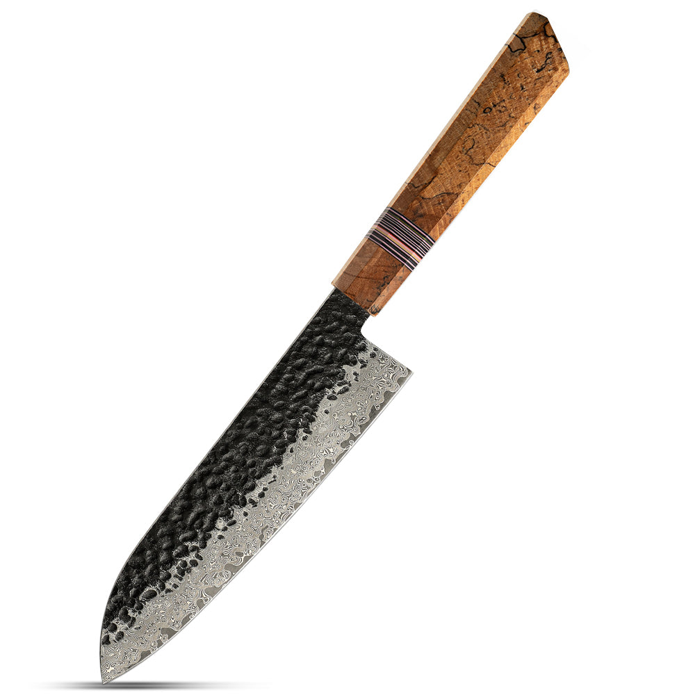 Santoku VG-10 Kurouchi Hammered Damascus G10 Spalted Maple Handle 18cm