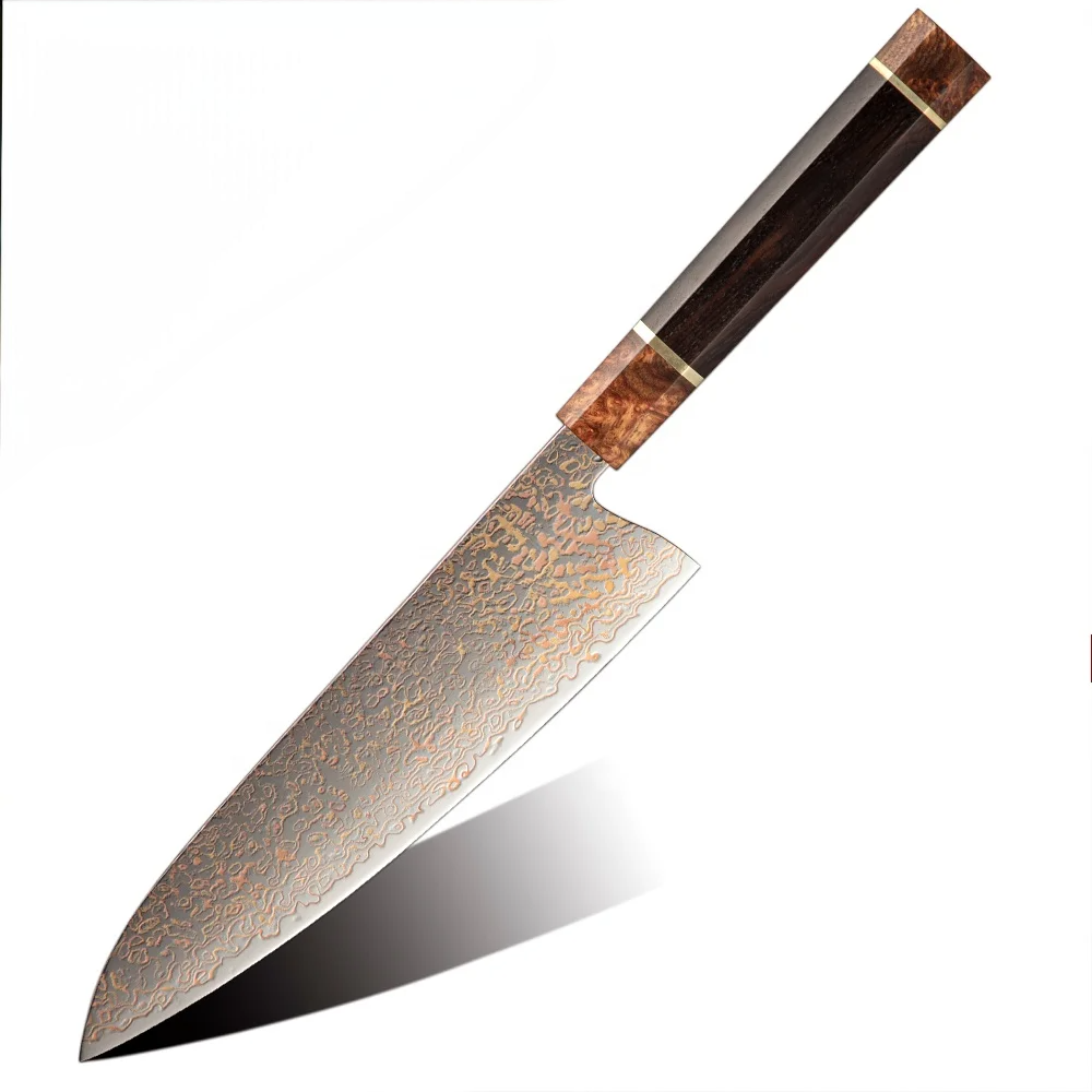 Gyuto VG-10 Copper Diamond Damascus, Ebony and Burl Wood Handle 20cm