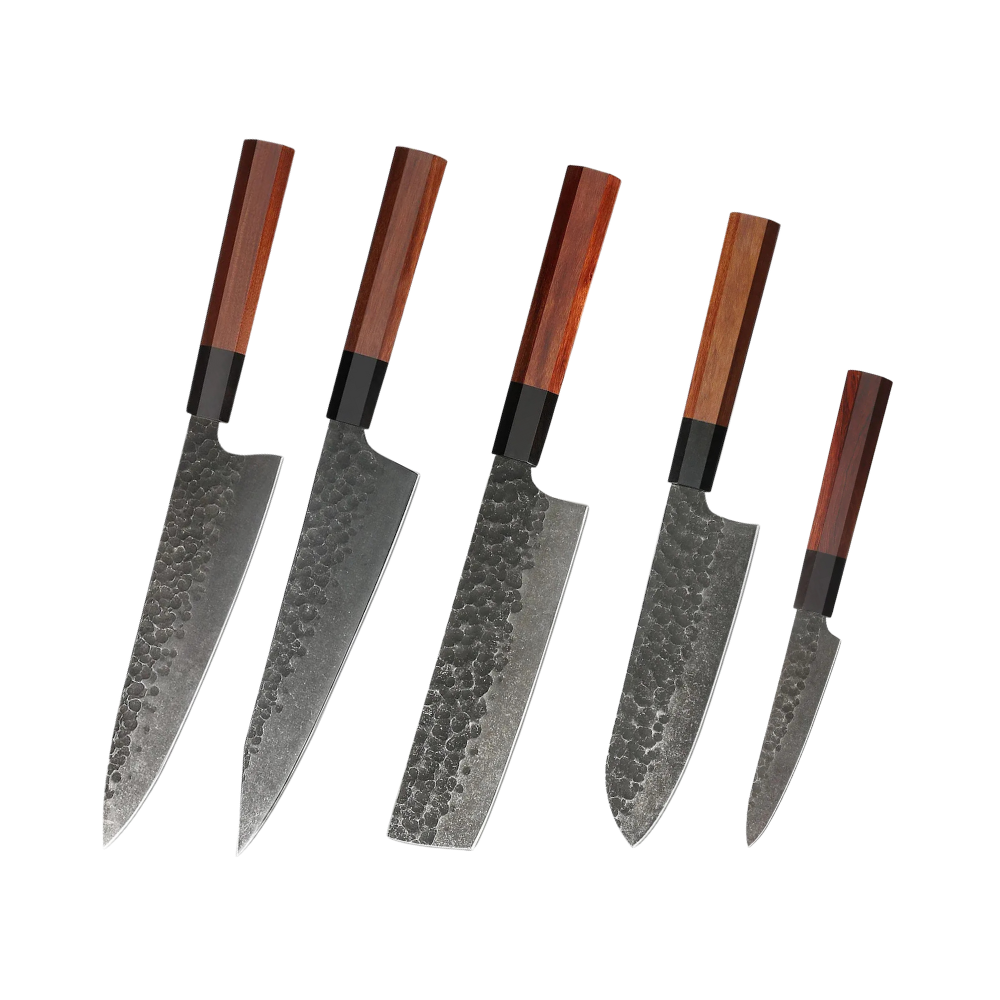 Knife Set Carbon Steel & Red Wood Handles H221