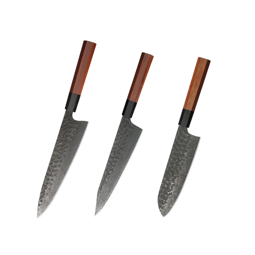 Knife Set Carbon Steel & Red Wood Handles H222