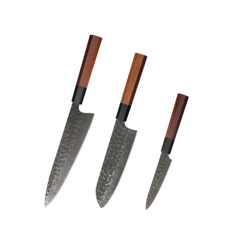 Knife Set Carbon Steel & Red Wood Handles H224