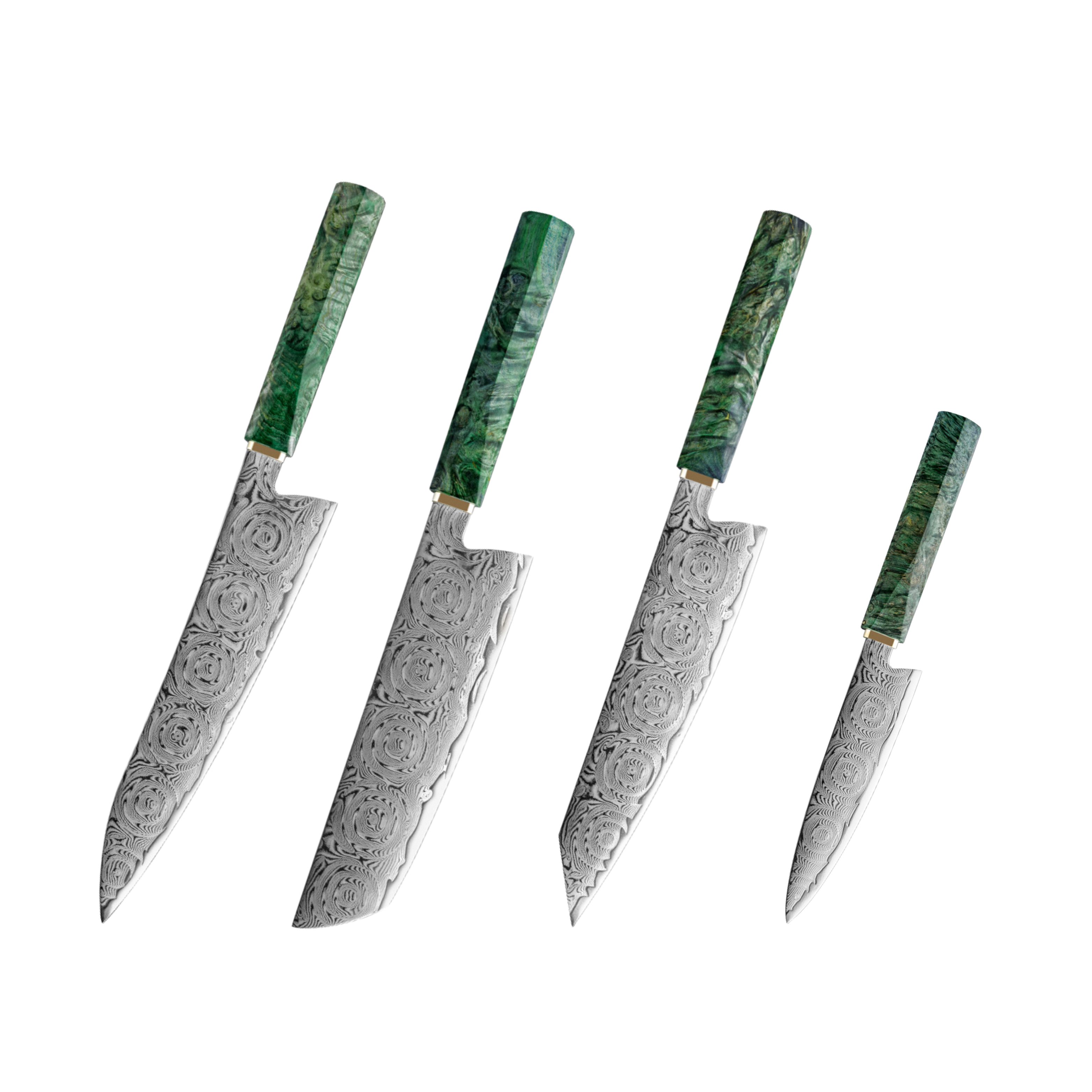 Four Damascus steel kitchen knives with green marbled handles, arranged diagonally from largest to smallest on a solid white background.