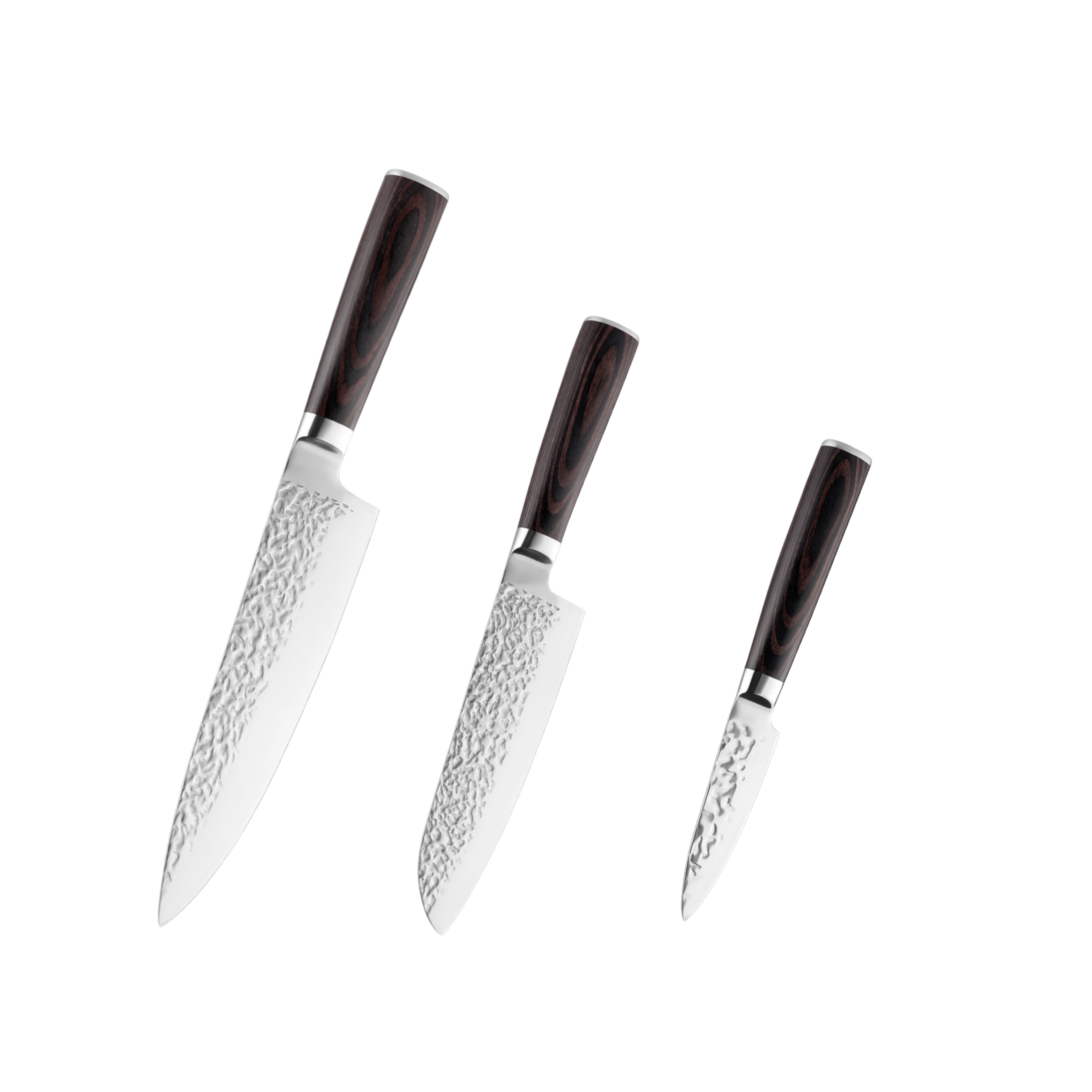 Hikari Hammered Stainless Steel Chef, Mini Santoku & Paring Knife Set with Pakkawood Handles H332
