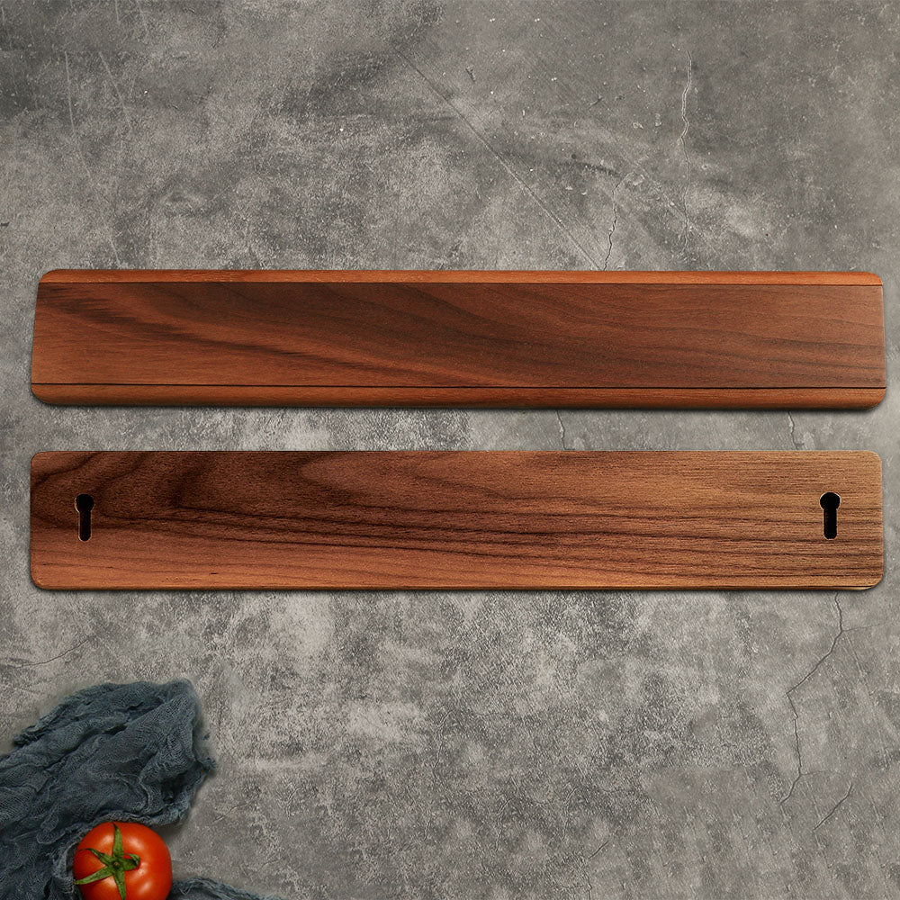 Front and back of a wall-mounted magnetic knife holder in a kitchen setting.