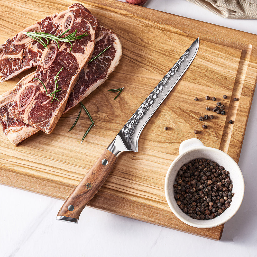 Boning Knife, Hikari – Precision Fish and Meat Filleting with VG-10 Damascus Steel Blade and Olive Wood Handle - Hikari