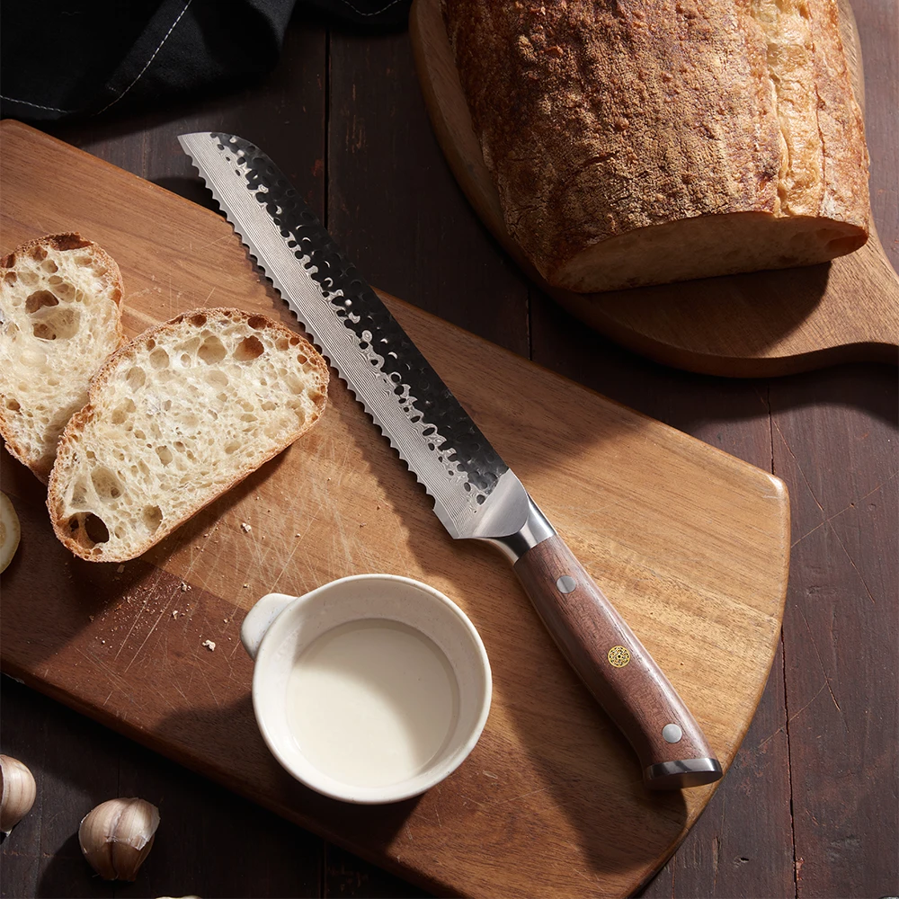 Bread VG-10 Kurouchi Hammered Damascus Premium Walnut Handle 20cm - Hikari