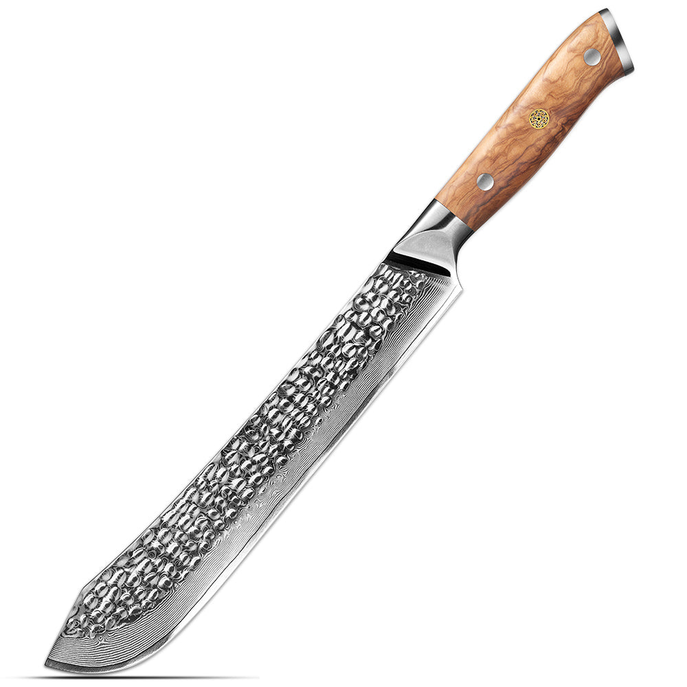 Butcher’s Knife, Hikari – Damascus Steel Blade for Effortless Cutting of Meat & Fat, Olive Wood Handle - Hikari