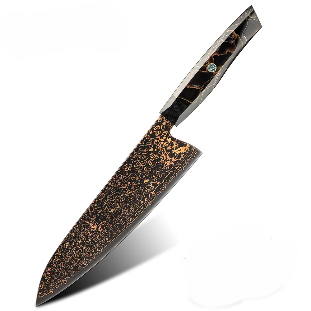 Sharp japanese damascus knife with copper design professional for chefs