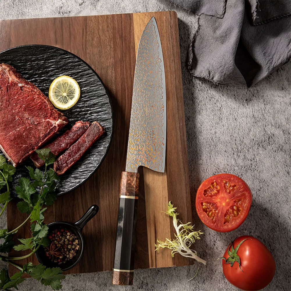 Premium Chef Knife – Damascus and Copper Blade, Ergonomic Ebony Handle for Various Kitchen Tasks