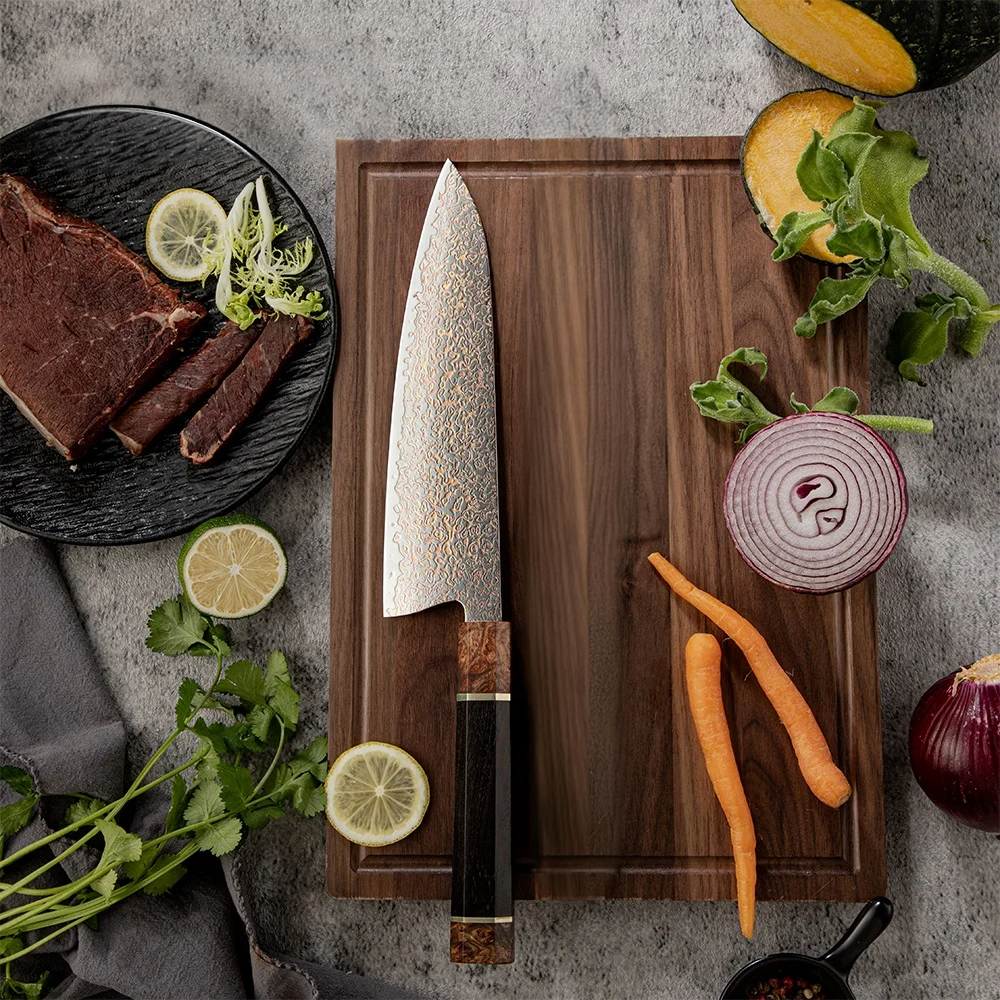 Premium Chef Knife – Damascus and Copper Blade, Ergonomic Ebony Handle for Various Kitchen Tasks