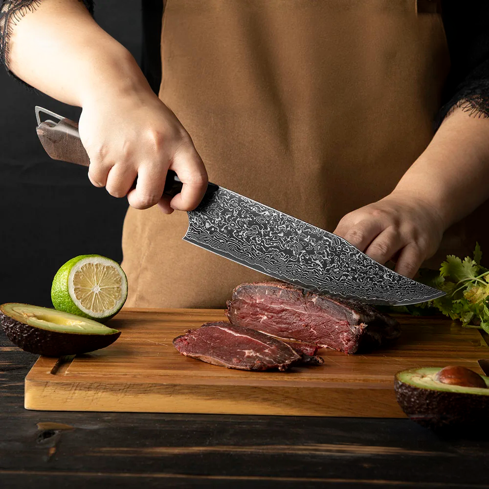 Premium Chef Knife - Damascus Full Tang, Maple and Resin - Professional Kitchen Knife for Slicing, Chopping, and Dicing