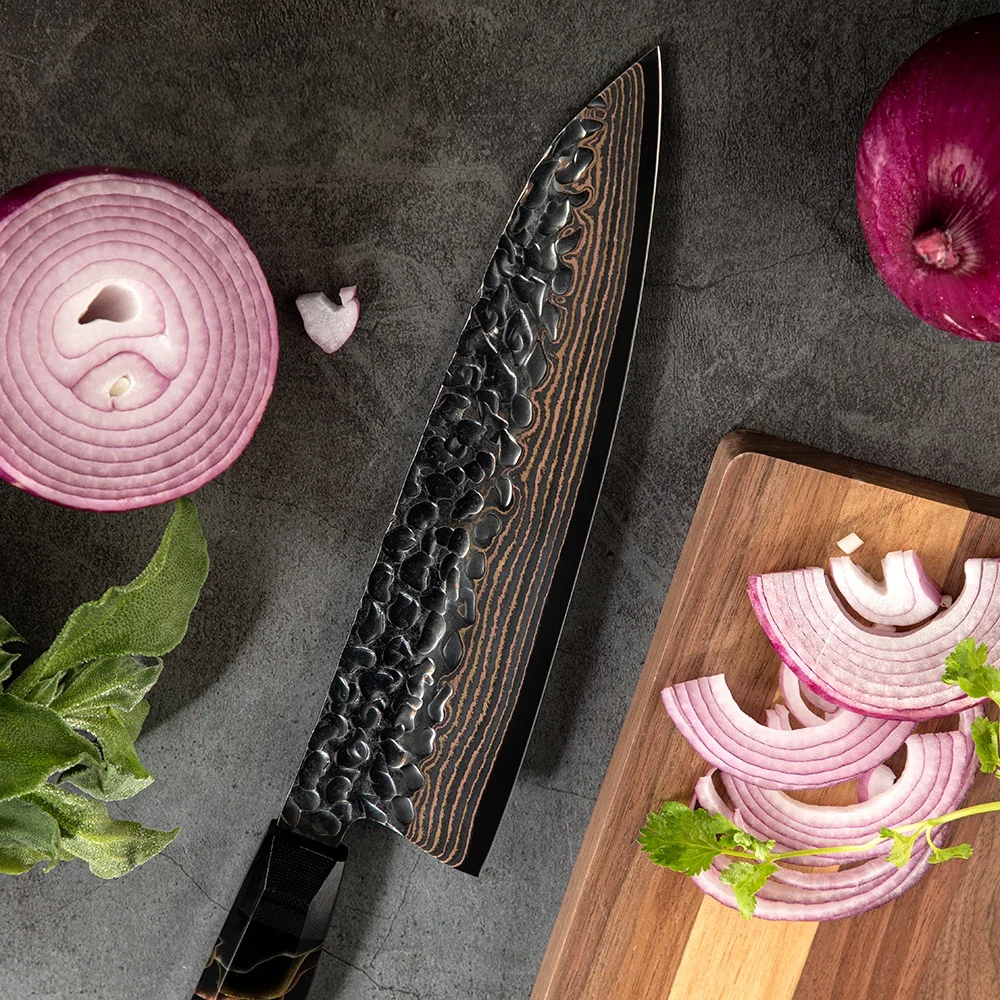 Premium Chef's Knife - Japanese Style, Steel with Damascus Finish and Copper Handle