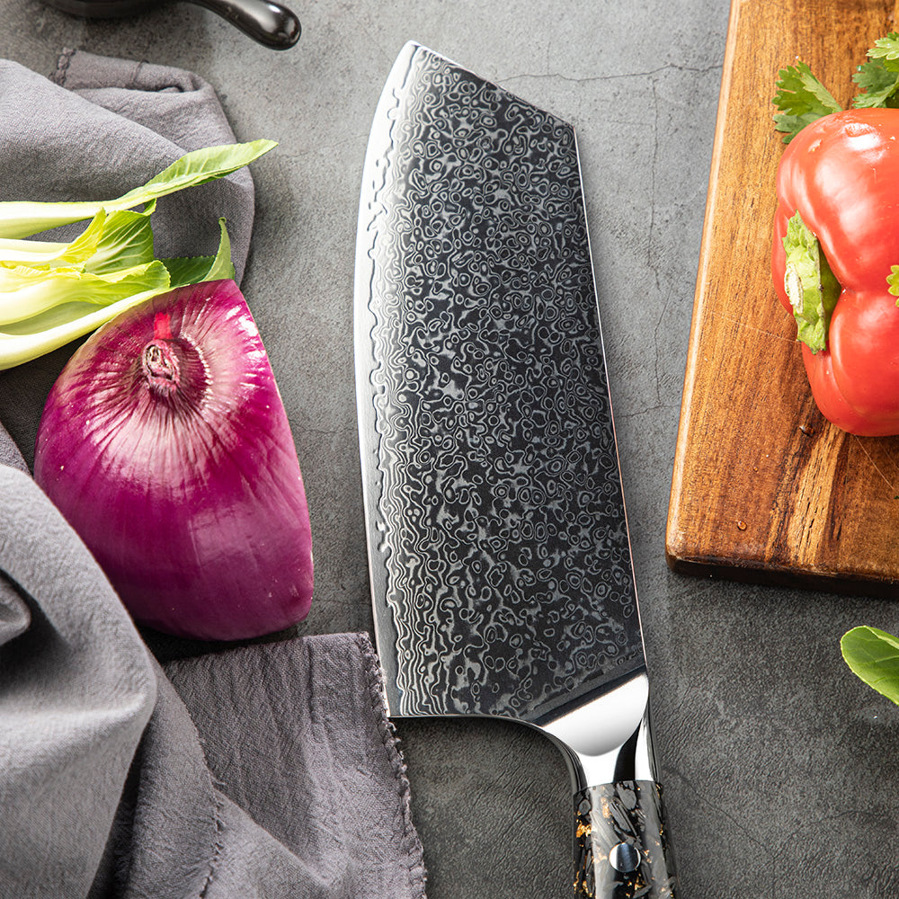 Premium Cleaver, Hikari – Damascus VG-10 Blade, Carbon Fiber Handle, Heavy-Duty Knife for Chopping and Slicing