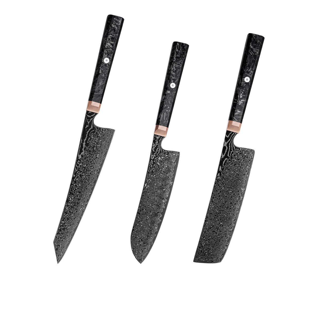 Hikari All-Black Damascus Steel 3-Knife Set with Carbon Fiber Handles H352