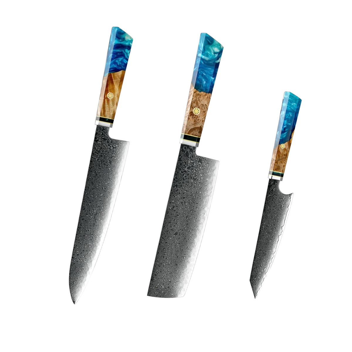 Hikari 3-Piece 67-Layer Damascus Steel Knife Set with Blue Resin Handles H362