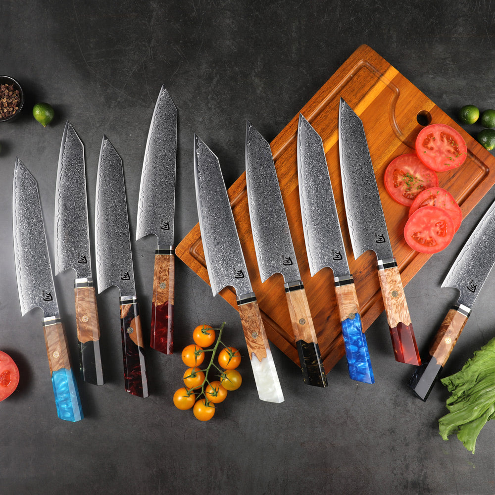 Premium Kiritsuke Knife – VG-10 Damascus with Burl Wood Handle
