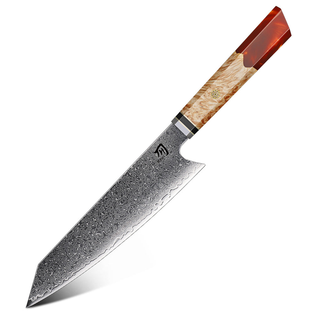 Premium Kiritsuke Knife – VG-10 Damascus with Burl Wood Handle