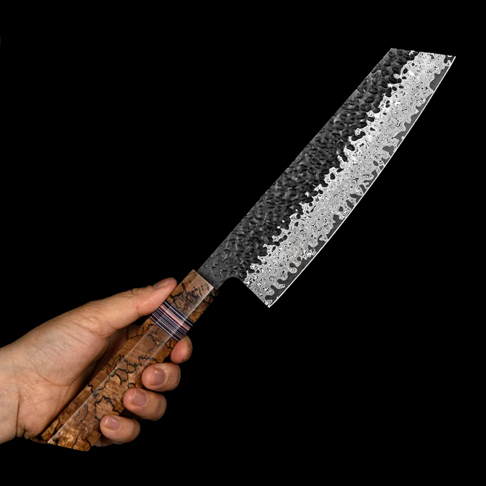 Kiritsuke VG-10 Kurouchi Hammered Damascus G10 Spalted Maple Handle 20cm