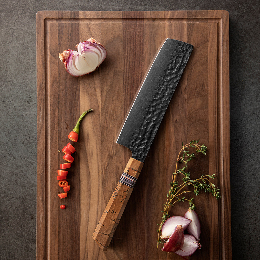 Nakiri Knife, Hikari – High-Carbon Steel Blade, Spalted Maple Handle, Effortless Vegetable Preparation