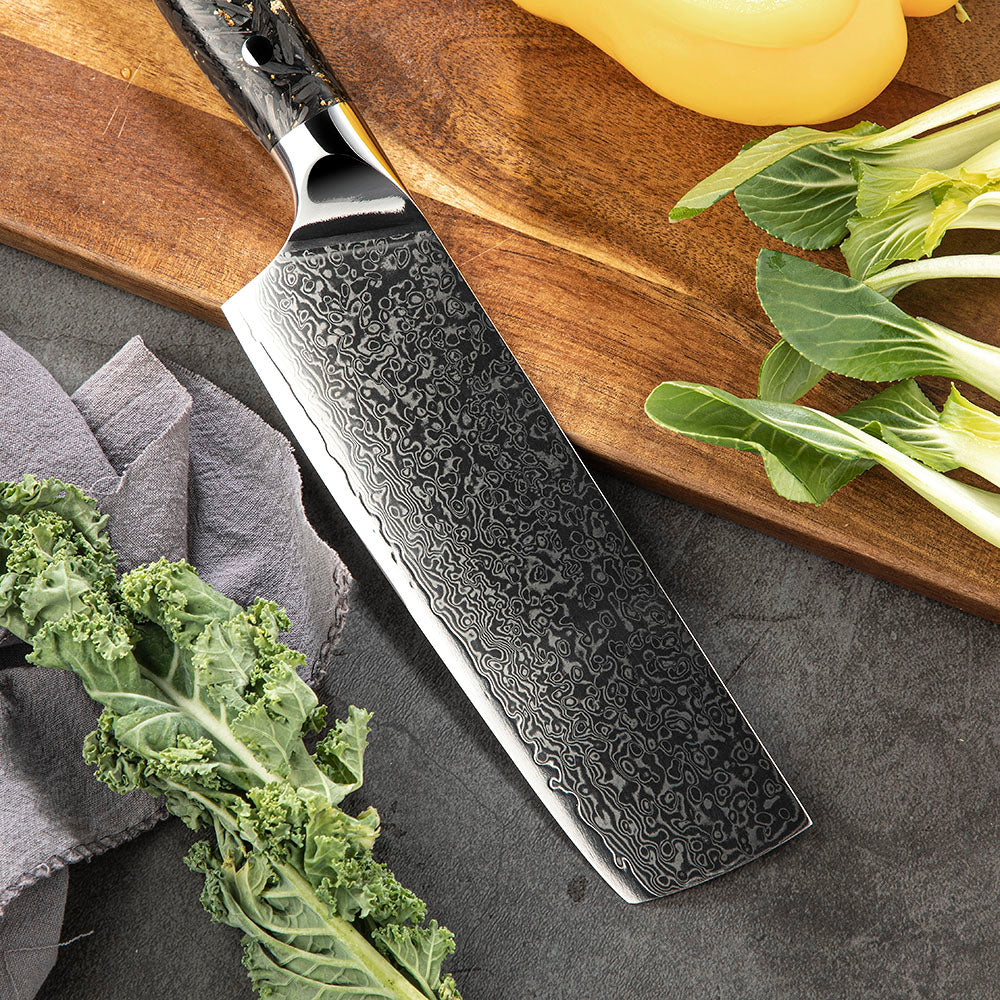 Nakiri Vegetable Knife, Hikari – Professional VG-10 Damascus Blade, Carbon Handle, Ideal for Slicing and Chopping