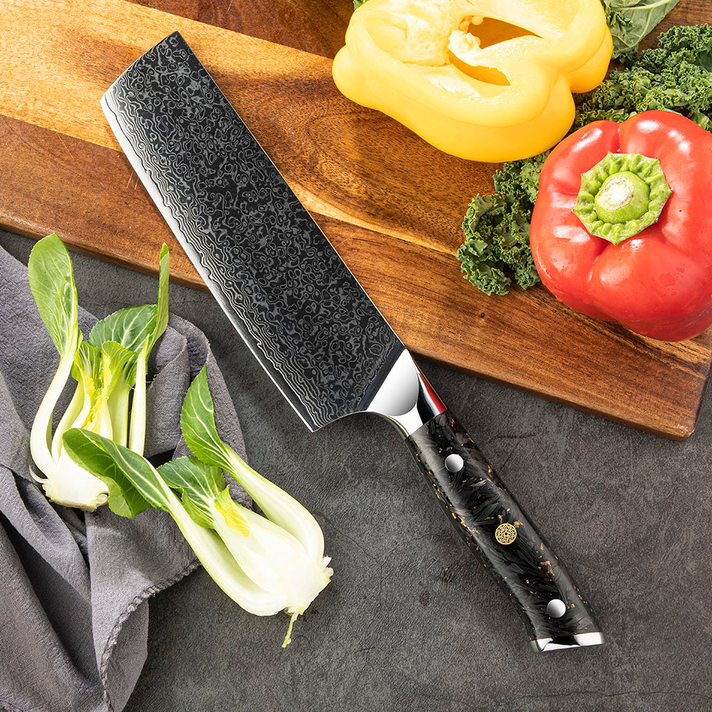 Nakiri Vegetable Knife, Hikari – Professional VG-10 Damascus Blade, Carbon Handle, Ideal for Slicing and Chopping