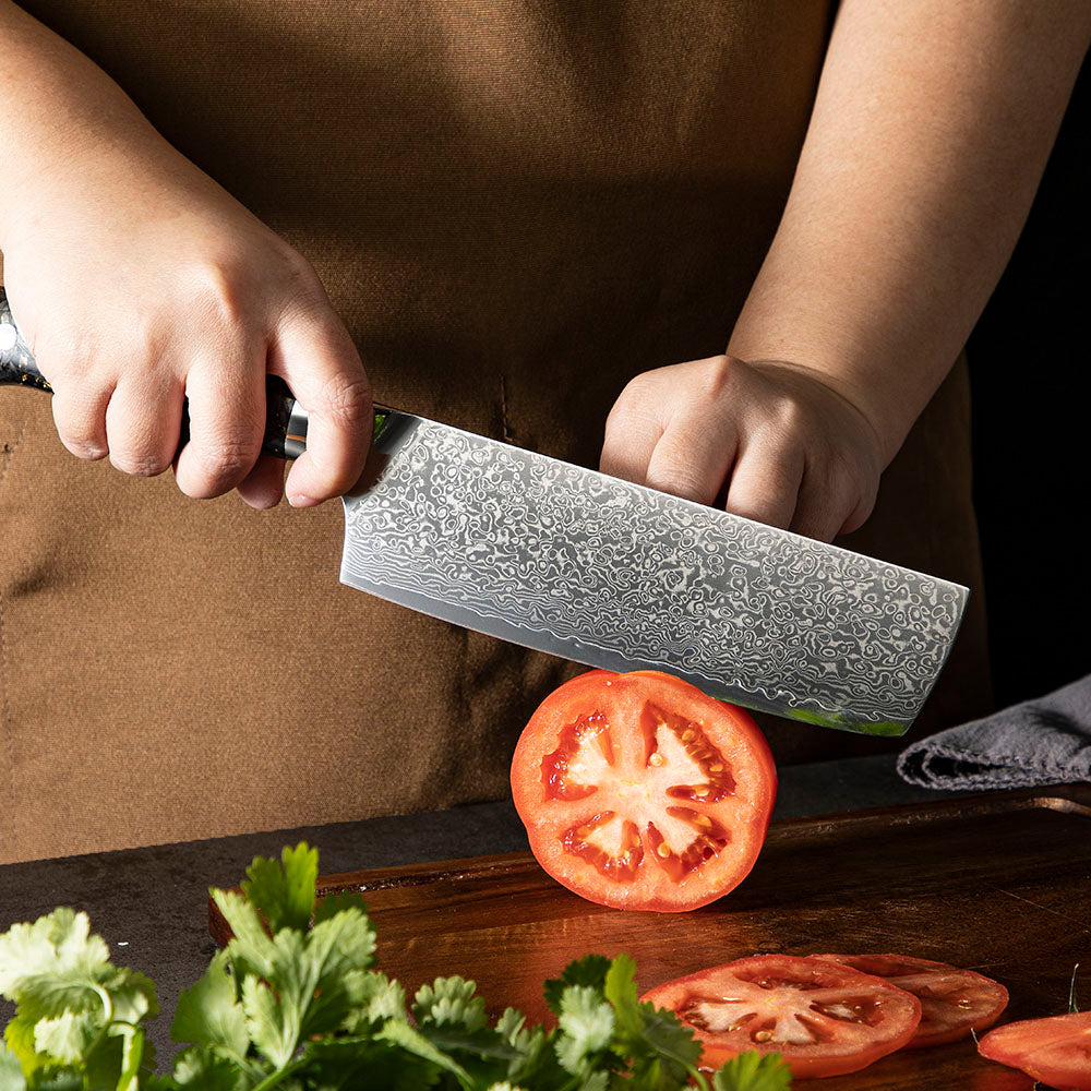 Nakiri Vegetable Knife, Hikari – Professional VG-10 Damascus Blade, Carbon Handle, Ideal for Slicing and Chopping