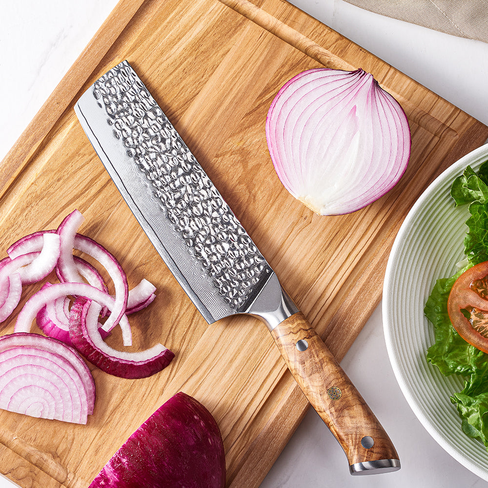 Nakiri, Hikari – Vegetable Knife with VG-10 Damascus Steel Blade and Olive Wood Handle for Veggie Prep - Hikari