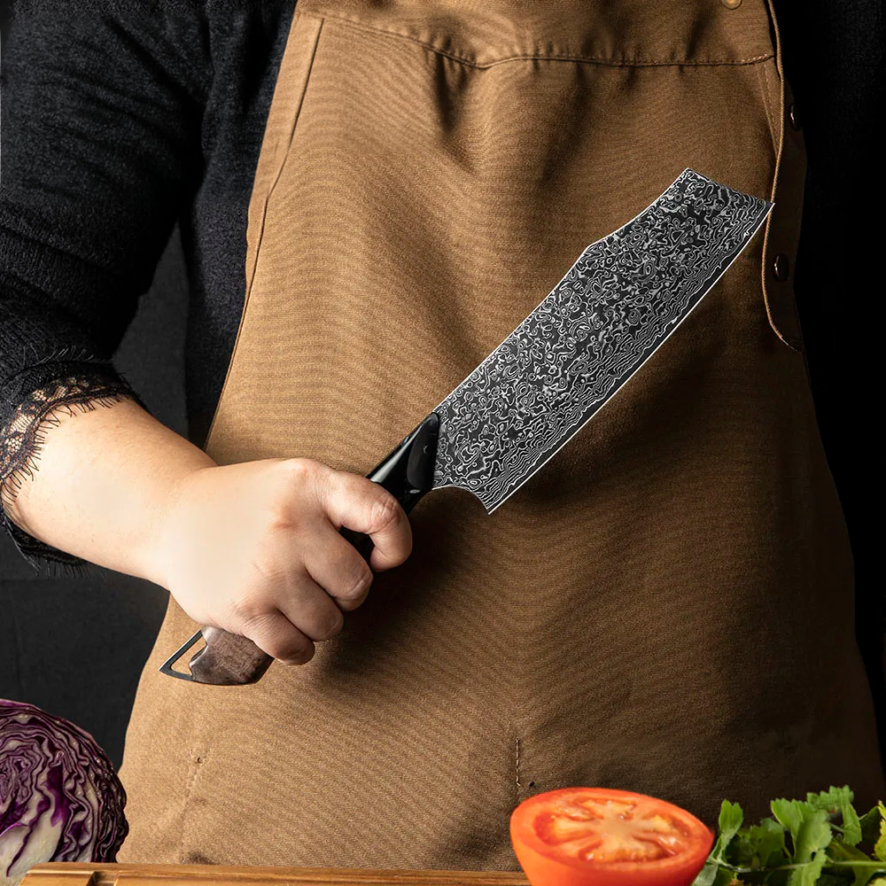 Premium Nakiri, Hikari – Vegetable Knife, Damascus and VG-10 Steel Blade, Maple and Resin Handle