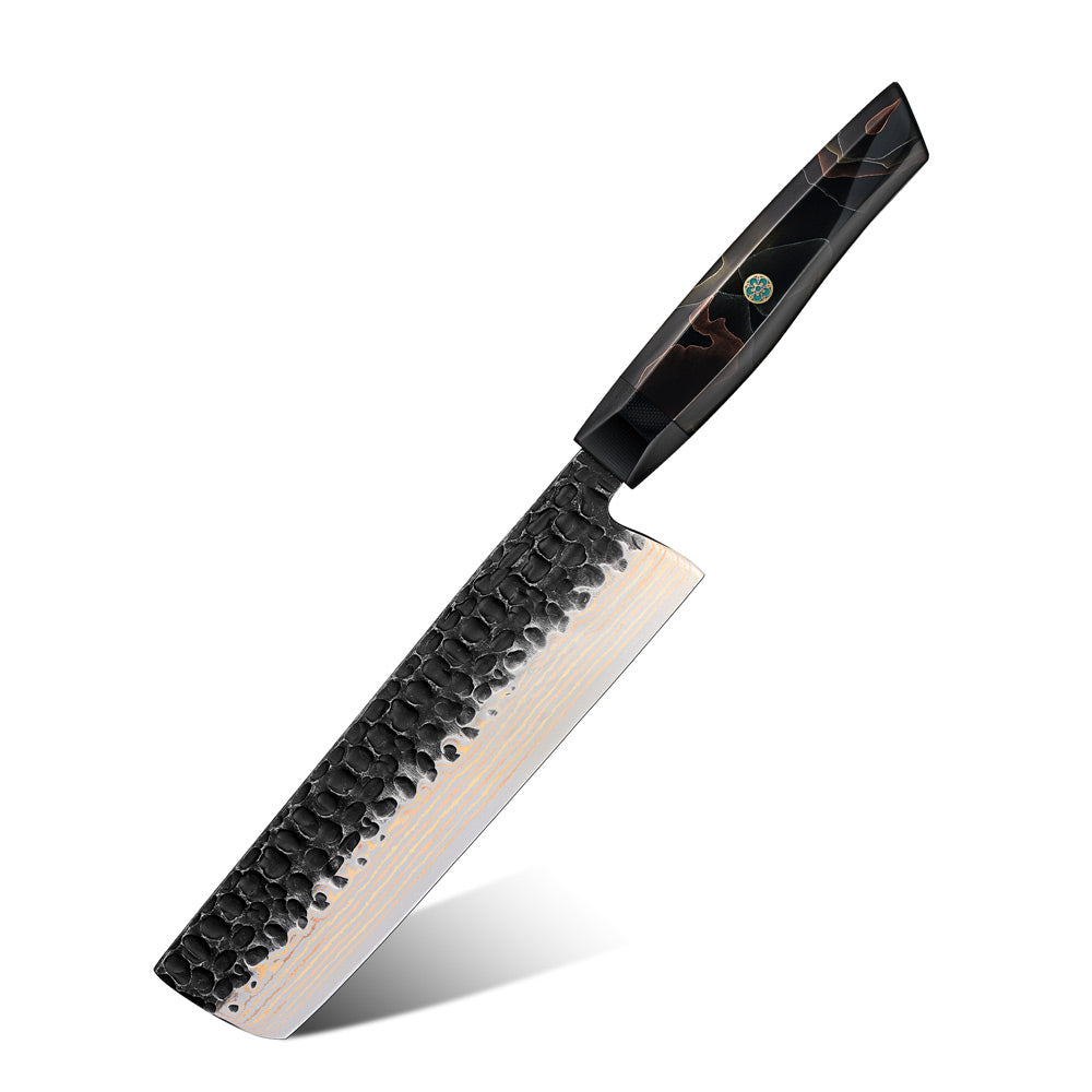 Traditional Japanese knife with a copper-damascus blade and resin handle on a white background