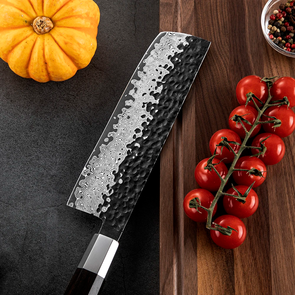 Nakiri Vegetable Knife, Hikari – Damascus VG-10 Blade, Ebony Handle, Japanese Style