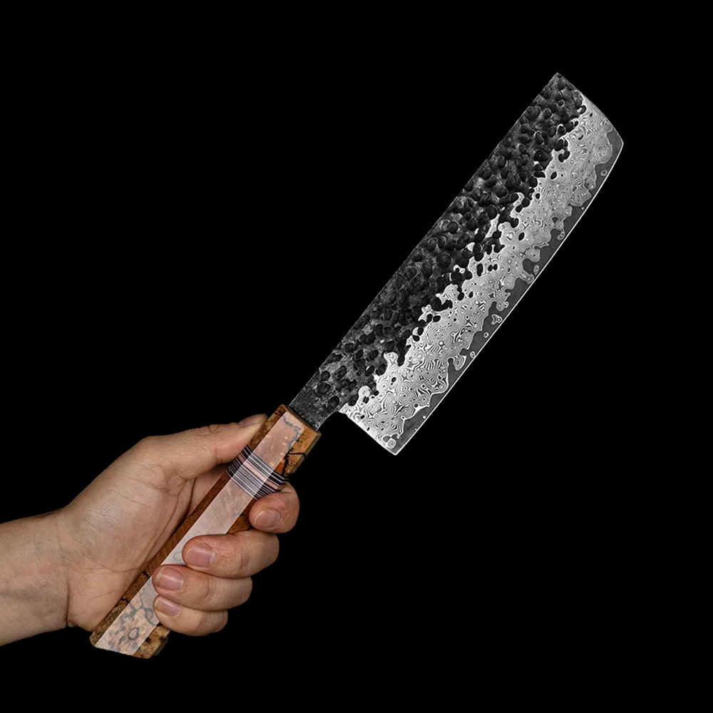 Nakiri VG-10 Kurouchi Hammered Damascus G10 Spalted Maple Handle 18cm