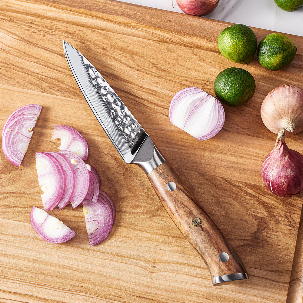 Professional Small Knife, Hikari – Damascus Blade with Olive Wood Handle for Precision Fruit Peeling - Hikari