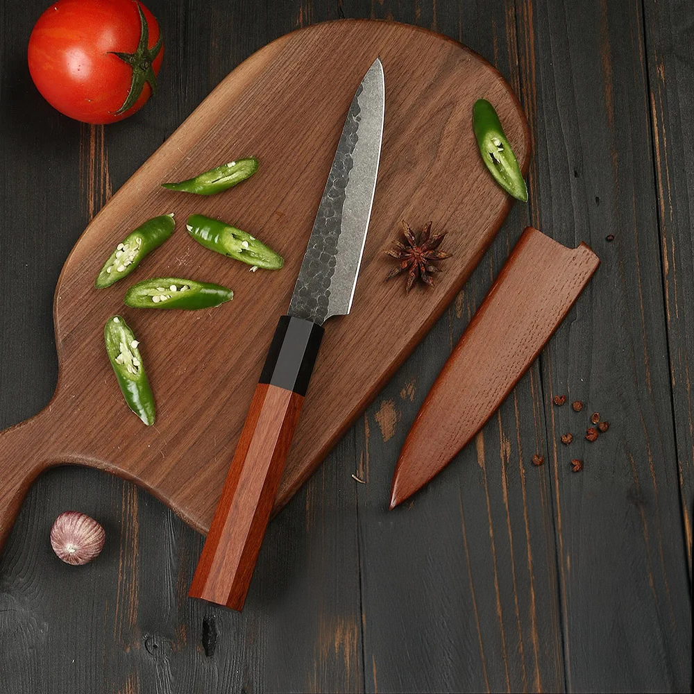 Petty Knife – High Carbon Steel Blade, Hammered Finish, Ebony & Red Wood Handle for Precision Cutting