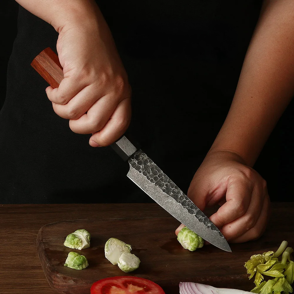 Petty Knife – High Carbon Steel Blade, Hammered Finish, Ebony & Red Wood Handle for Precision Cutting