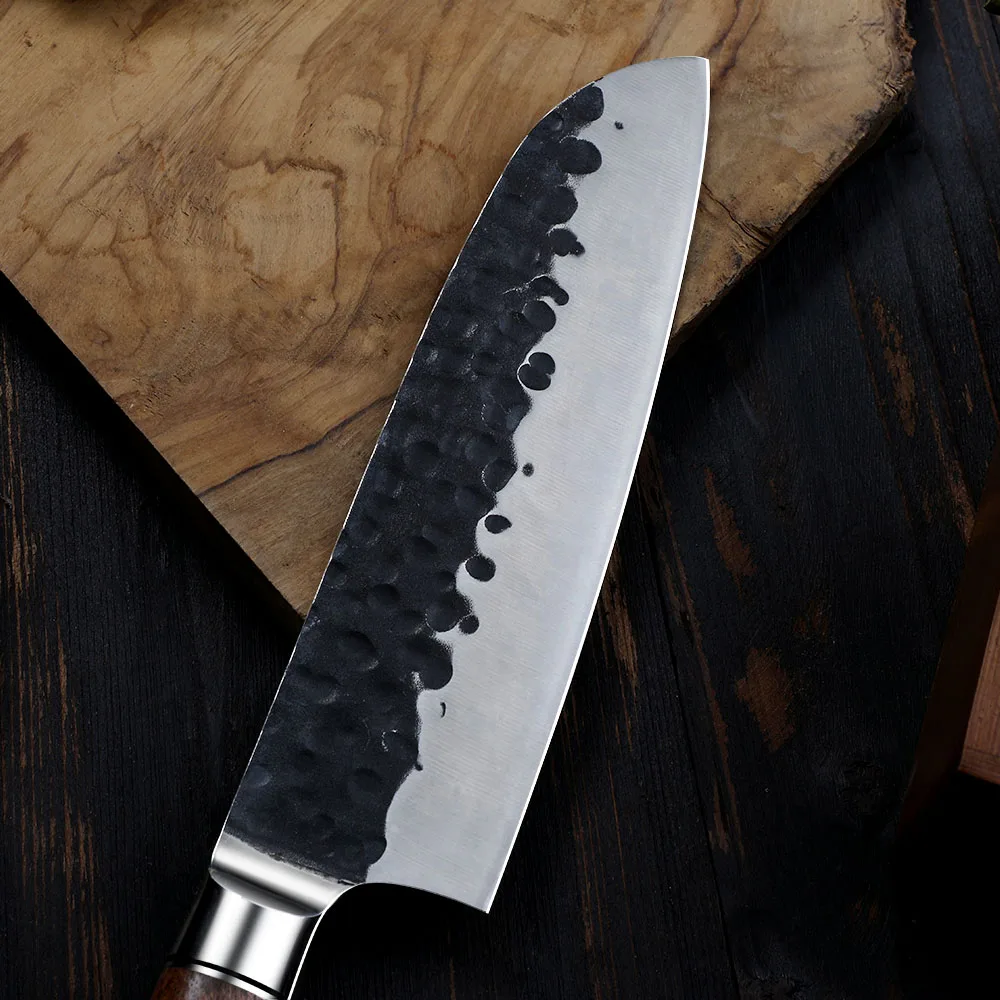 Santoku Knife – Carbon Steel, Rosewood Handle, All-Purpose Kitchen Knife for Meat, Fish, and Vegetables