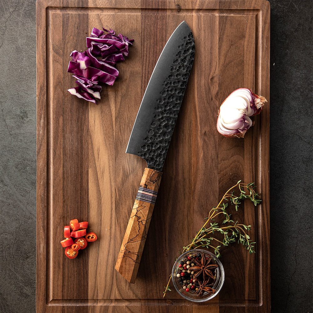 Santoku Kitchen Knife, Hikari – Japanese Style All-Purpose Knife with High Carbon Steel Blade and Spalted Maple Handle