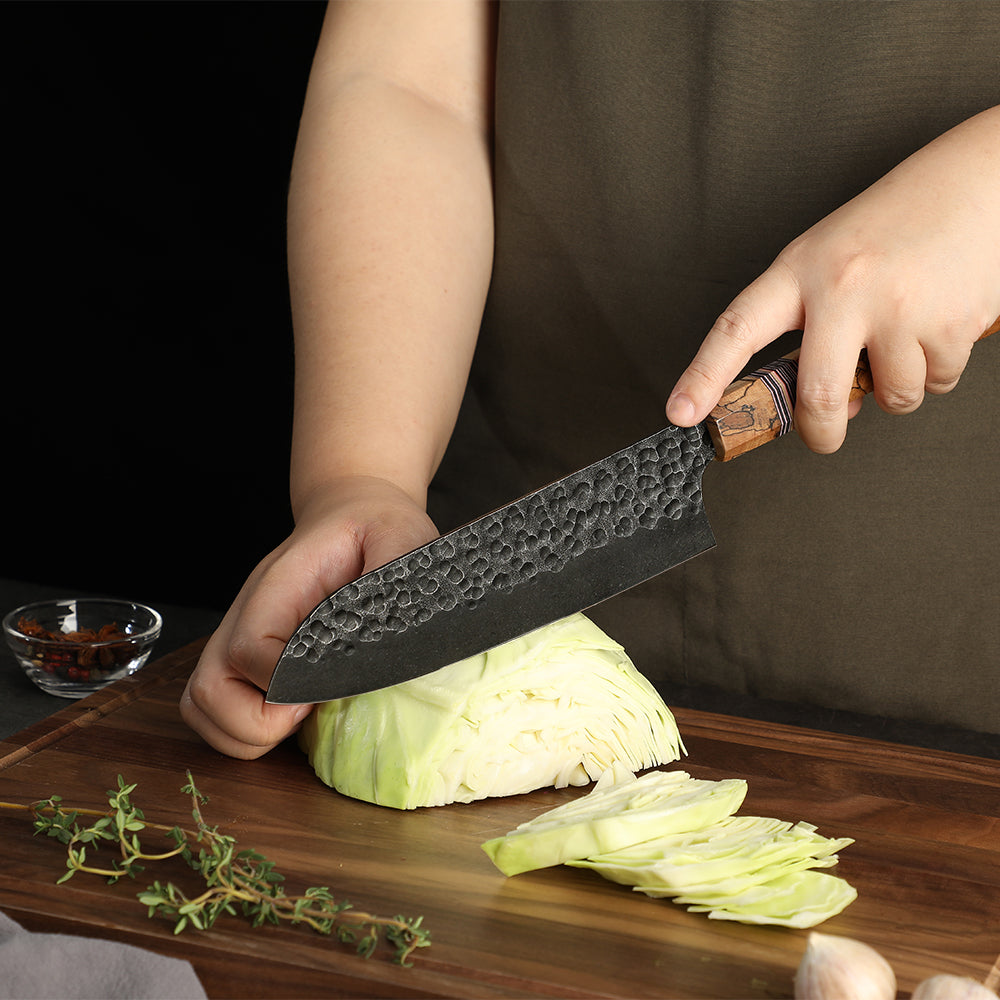 Santoku Kitchen Knife, Hikari – Japanese Style All-Purpose Knife with High Carbon Steel Blade and Spalted Maple Handle