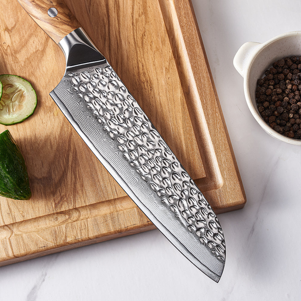 Multipurpose Santoku Knife, Hikari – Japanese Style Damascus Steel Blade with Olive Wood Handle for Universal Tasks - Hikari - Santoku [Multi-Purpose Knife]