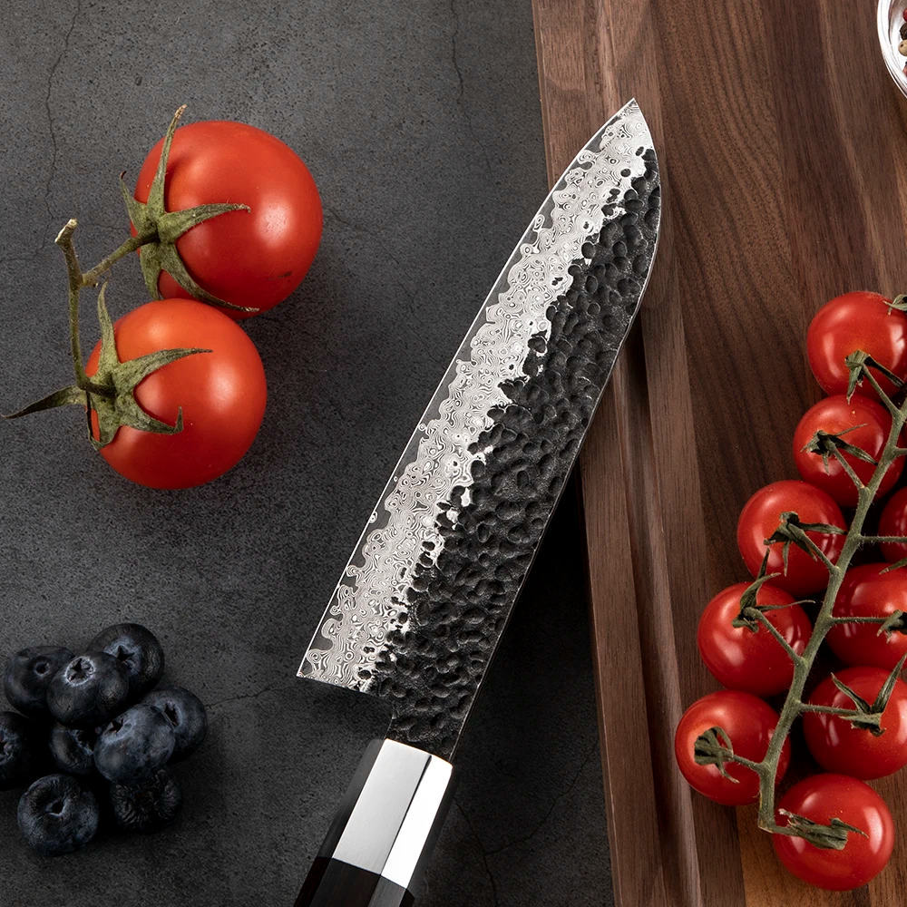 Professional Santoku Knife, Hikari  – Damascus Steel Blade, Ebony Handle, Multipurpose Knife