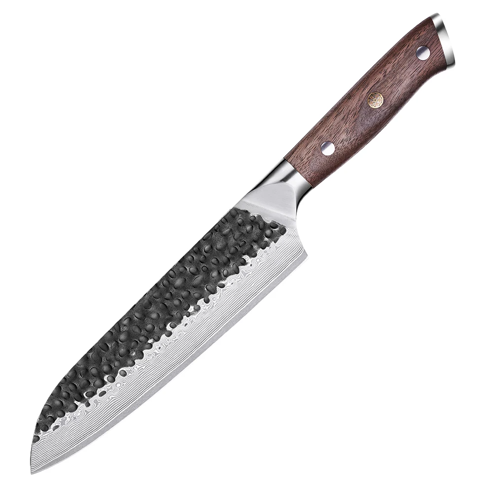 Santoku VG-10 Kurouchi Hammered Damascus Premium Walnut Handle 18cm