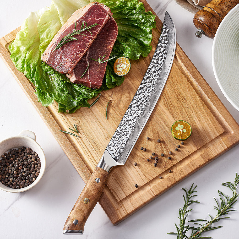 Slaughter, Hikari – Professional Butcher Knife for Meat, Fat & Tendon Cutting, Damascus Blade, Olive Wood Handle - Hikari