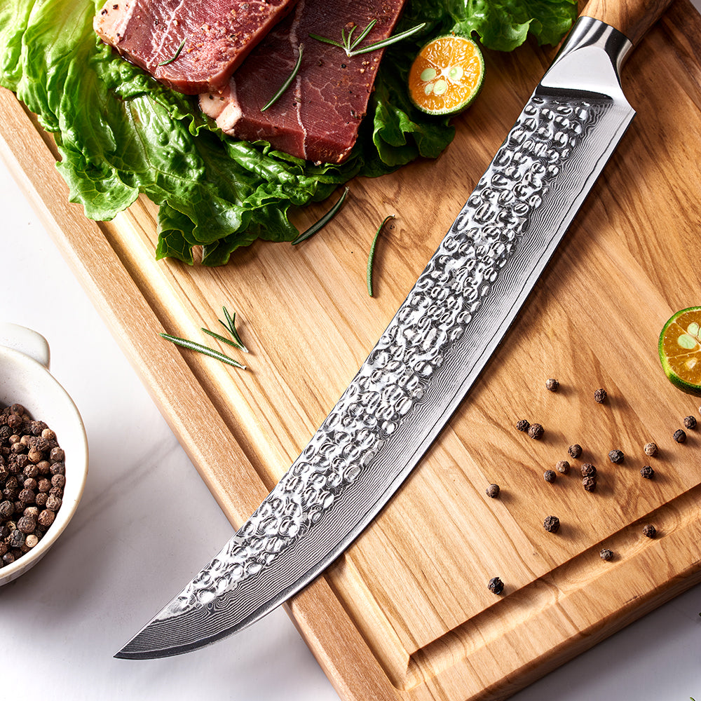 Slaughter, Hikari – Professional Butcher Knife for Meat, Fat & Tendon Cutting, Damascus Blade, Olive Wood Handle - Hikari - Meat Handling